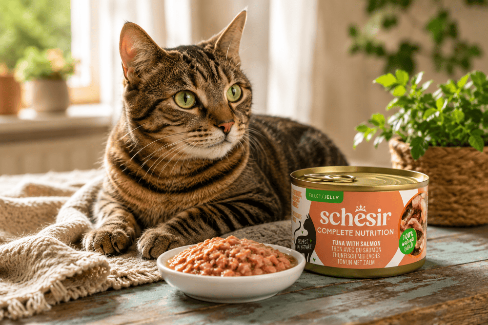 Schesir Tuna, Salmon Tabby kočka s krmivem na stole